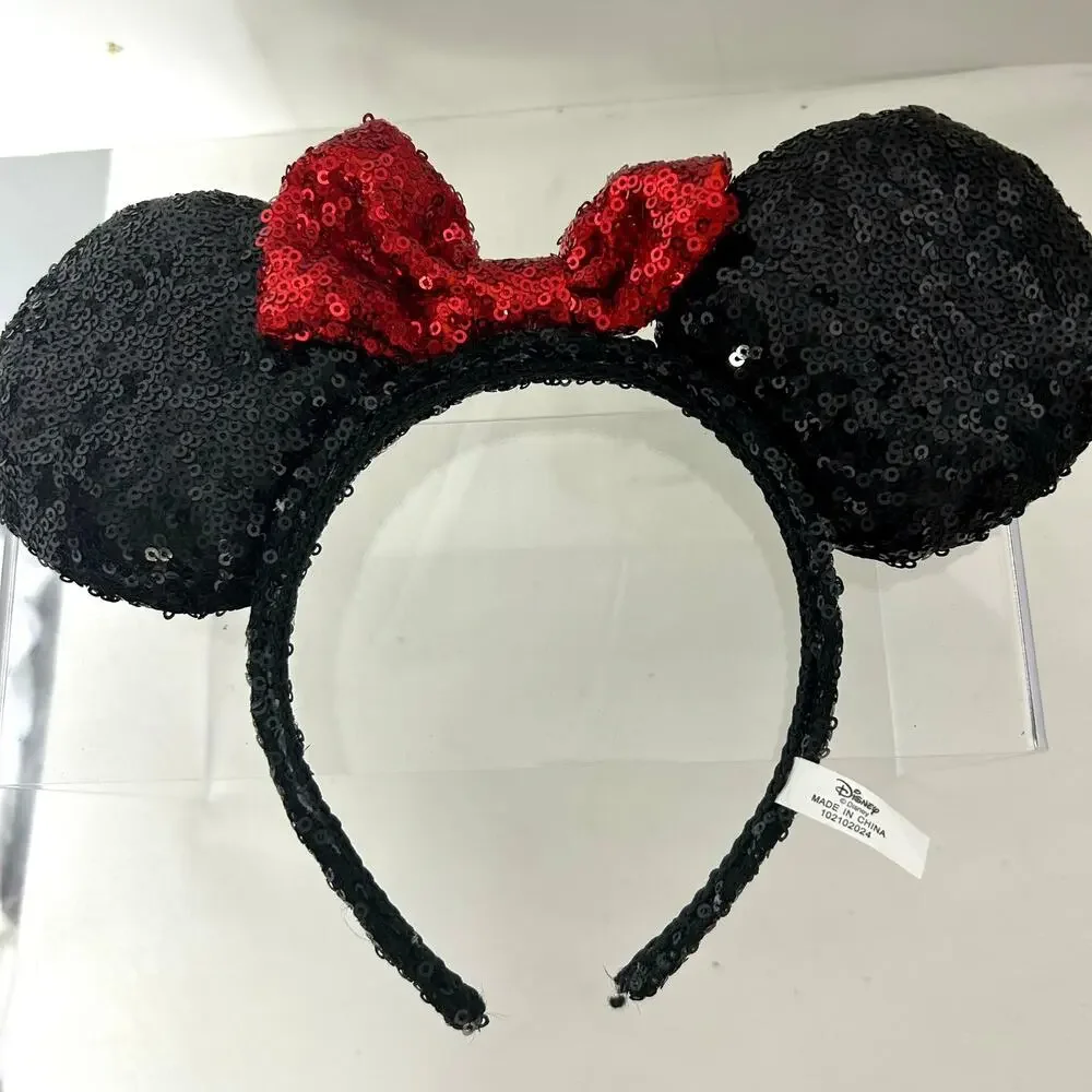 Disney Minnie Mouse Sequin Ear Headband Red Bow Black Ears 2024
